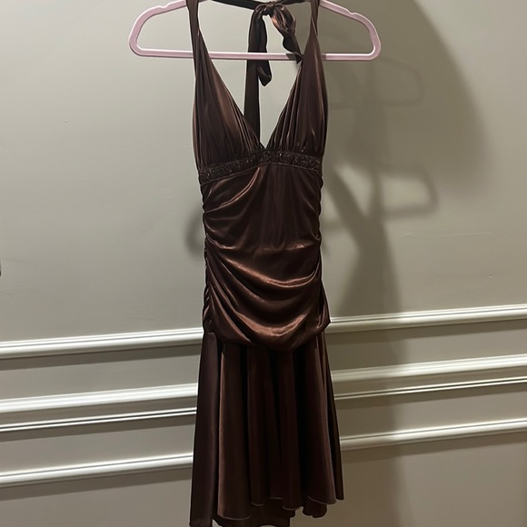 Y2K brown city triangles halter dress open back - Picture 1 of 4